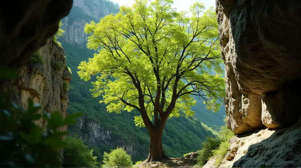 Sunlit Trees Against Rugged Stone Cliffs