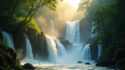 Sunlit Water Streams With Mist And Dense Foliage