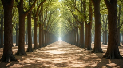 Sunlit Woodland Grove With Slender Tree Trunks