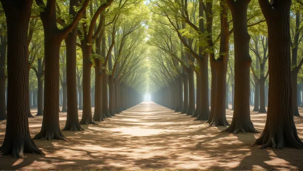 Sunlit Woodland Grove With Slender Tree Trunks