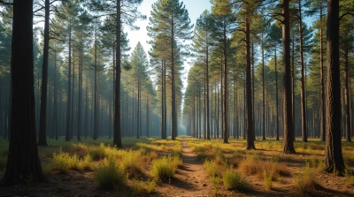 Sunlit Woodland Landscape With Tall Trees