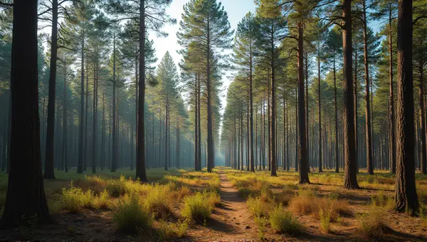 Sunlit Woodland Landscape With Tall Trees