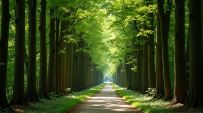 Sunlit Woodland Pathway Among Towering Trees