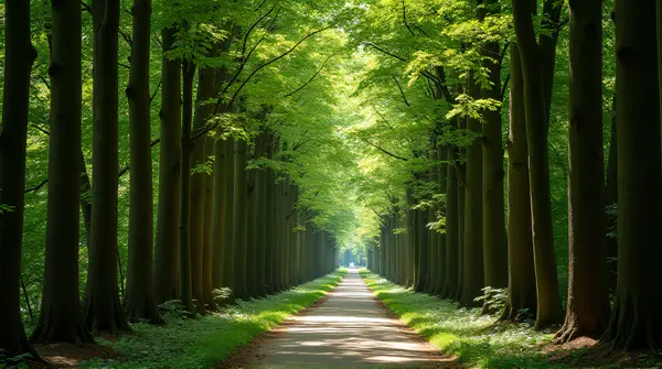 Narrow path winding through dense tall trees with sunlight filtering through leaves
