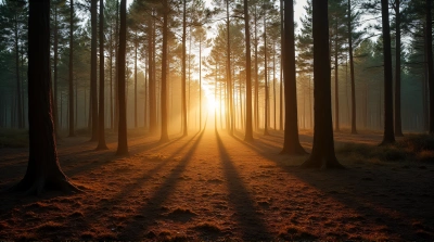 Sunlit Woodland Scene At Dawn With Long Shadows