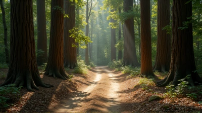 Sunlit Woodland Trail With Tall Trees