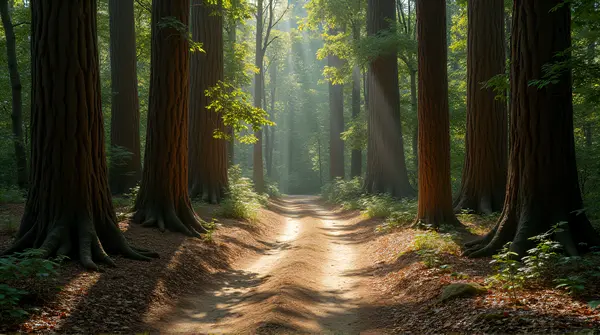 A narrow trail winds between tall tree trunks with sunlight filtering through and scattered leaves on the ground.