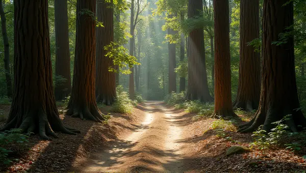 Sunlit Woodland Trail With Tall Trees