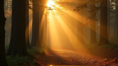 Sunrays Illuminating Textured Tree Bark In Woodland