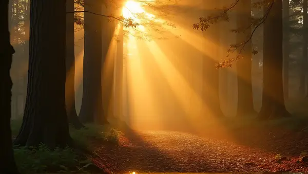 Sunrays Illuminating Textured Tree Bark In Woodland