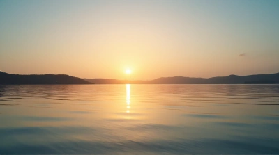Sunset Over Tranquil Water With Rolling Hills