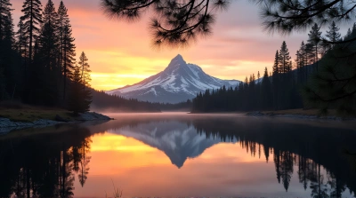 Sunset Silhouette Of Pines And Rugged Peak