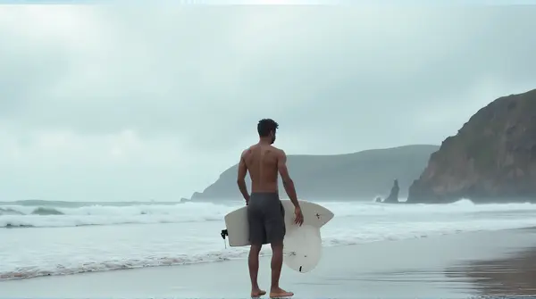 Person standing on shoreline gripping a white surfboard with rippling water and cloudy sky in background