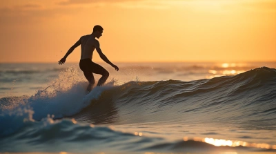 Surfer Balancing on Ocean Swell with Amber Sky