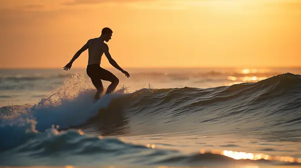 Surfer balancing on rolling ocean swell under an amber sky creating elongated shadows and reflective water