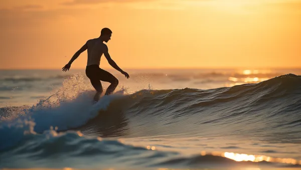 Surfer Balancing on Ocean Swell with Amber Sky