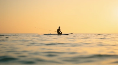 Surfer On Calm Sea At Evening Light