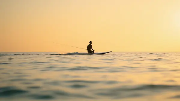 Surfer On Calm Sea At Evening Light