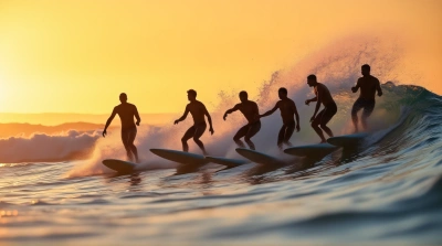 Surfers Balancing On Boards At Glowing Horizon