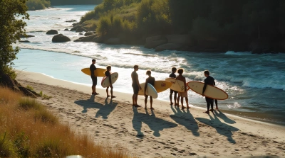 Surfers Relaxing On Sandy Shore Near Stream