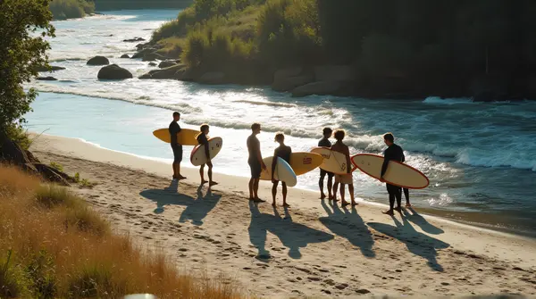 Surfers Relaxing On Sandy Shore Near Stream