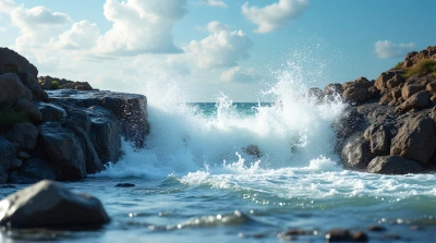 Surging Water Colliding With Rugged Stone Outcrops