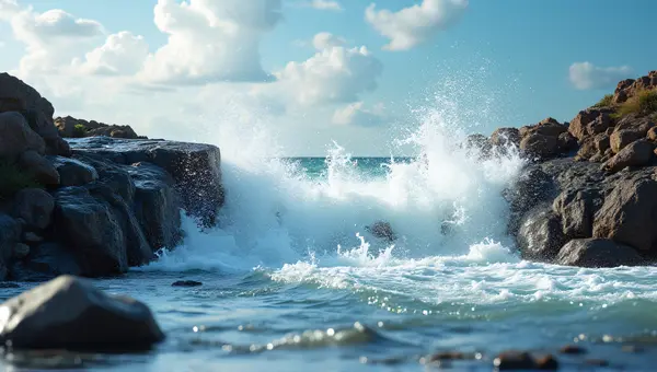 Surging Water Colliding With Rugged Stone Outcrops