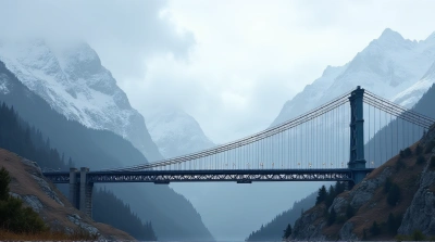 Suspension Bridge Spanning Frosty Valley Below Peaks