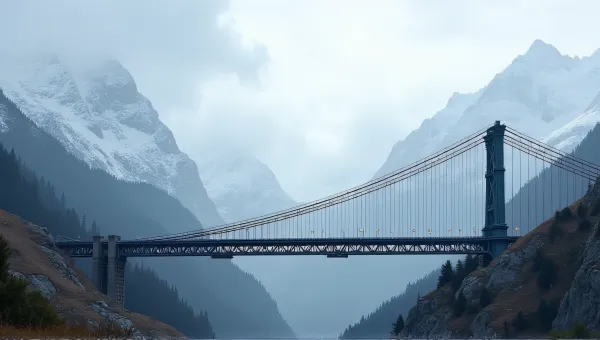 Suspension Bridge Spanning Frosty Valley Below Peaks