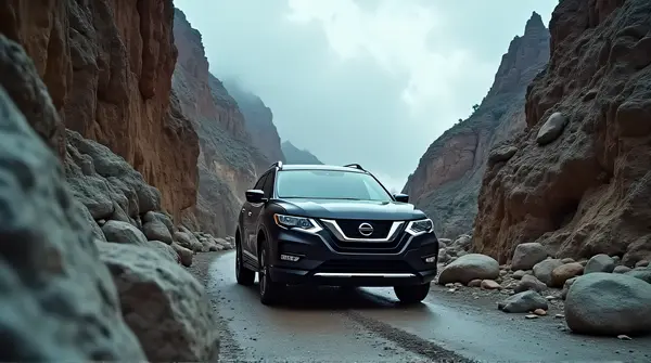 Dark SUV driving along a rugged cliff with jagged rocks under a cloudy sky.