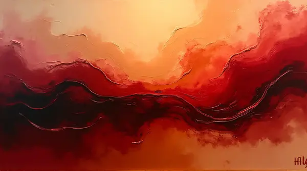 Abstract art with swirling rich crimson and umber hues blending across the canvas in bold strokes.