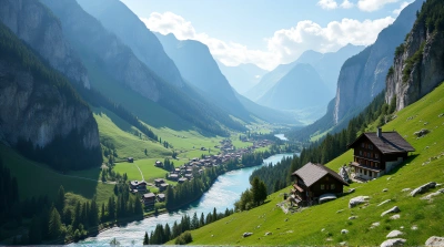Swiss Valley Chalets Along Winding River View