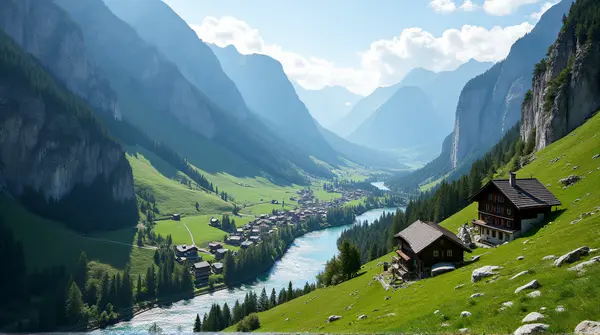 Elevated view of Swiss chalets scattered along a winding river surrounded by rugged cliffs under a clear sky.