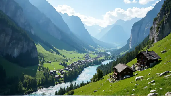Swiss Valley Chalets Along Winding River View