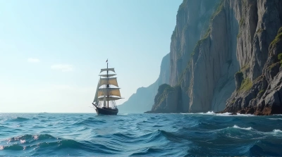 Tall Coastal Cliff With Classic Wooden Sailboat