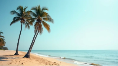 Tall Coconut Trees Over Sandy Beach Near Calm Water