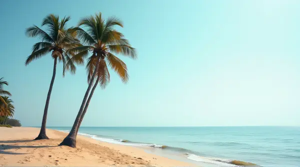 Three tall coconut trees rising from dark tan sand near a calm body of water under bright daylight.