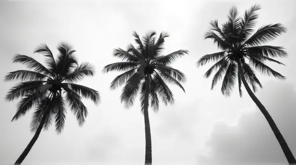 Tall Coconut Trunks Reaching Skyward In Grayscale