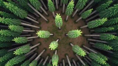 Tall Conifer Trunks Overhead View On Rugged Terrain
