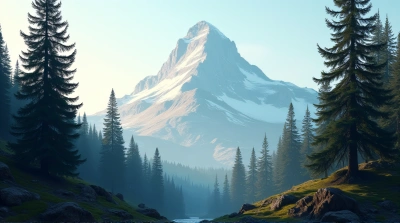 Tall Conifers Framing Towering Peak Under Blue Sky