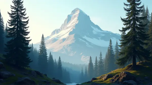 Tall conifer trees frame a towering peak under a pale blue sky with sunlight casting long shadows on uneven ground.