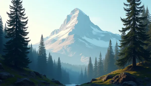 Tall Conifers Framing Towering Peak Under Blue Sky