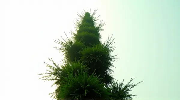 Low angle view of a tall deciduous tree with dense leaves against a bright pale sky.