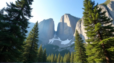 Tall Deciduous Trees With Rocky Peaks Under Clear Sky