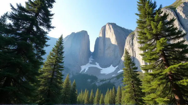 Tall Deciduous Trees With Rocky Peaks Under Clear Sky