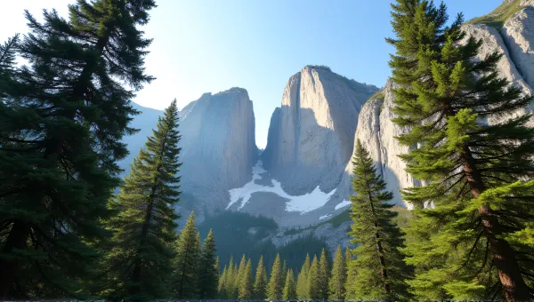 Tall Deciduous Trees With Rocky Peaks Under Clear Sky