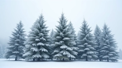 Tall Evergreen Conifers Covered In White Frost