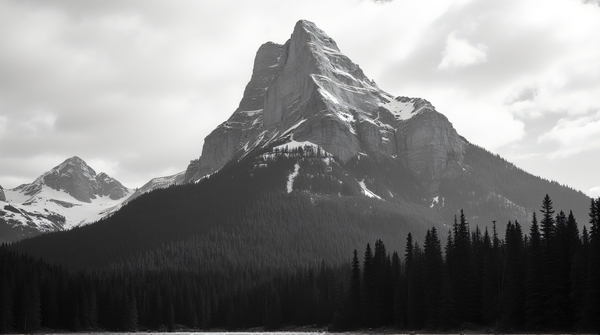A tall peak covered with slender evergreens under a cloudy sky in black and white emphasizing contrast and shadow.