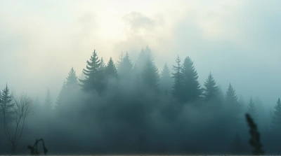 Tall Evergreen Trees in Diffused Light Fog