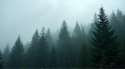 Tall Evergreen Trees Shrouded In Misty Gray Sky